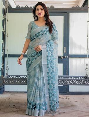 Blue women floral zari  linen saree 4