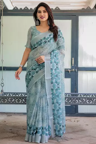 Blue women floral zari  linen saree