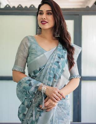 Blue women floral zari  linen saree 5