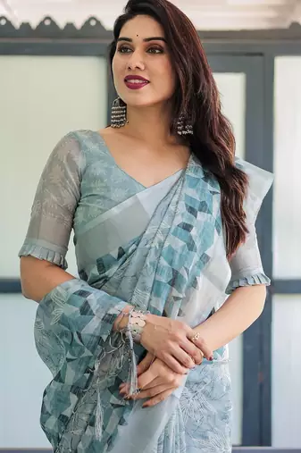 Blue women floral zari  linen saree