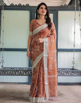 Orange floral zari  linen saree 1