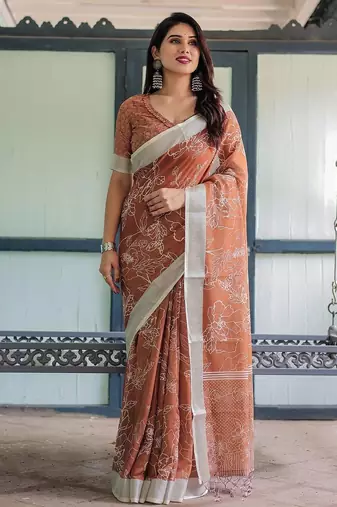 Orange floral zari  linen saree