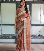 Orange floral zari  linen saree
