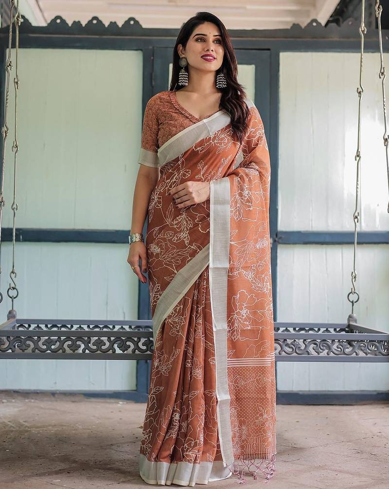 Orange floral zari  linen saree