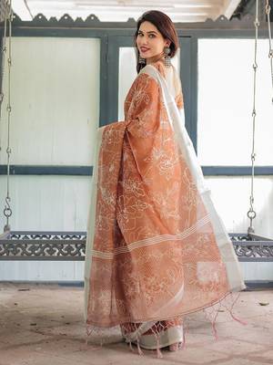 Orange floral zari  linen saree 2