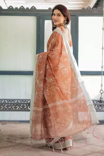 Orange floral zari  linen saree