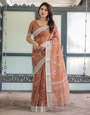 Orange floral zari  linen saree 3