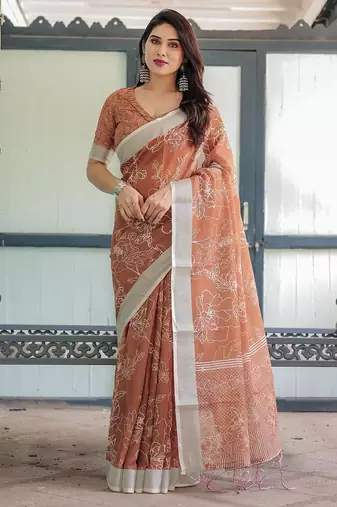 Orange floral zari  linen saree