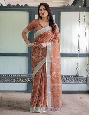 Orange floral zari  linen saree 4