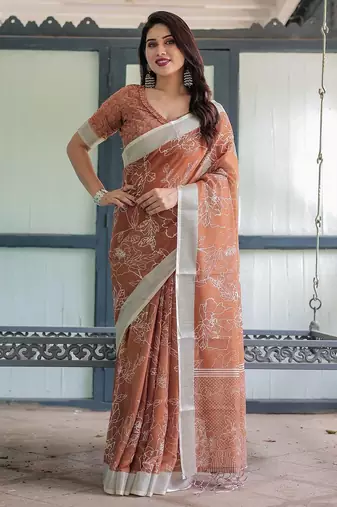 Orange floral zari  linen saree