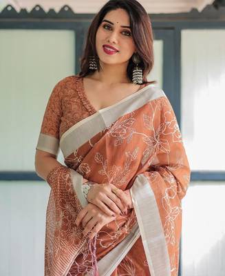 Orange floral zari  linen saree 5