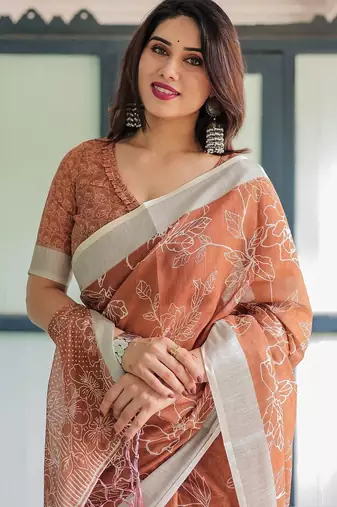 Orange floral zari  linen saree