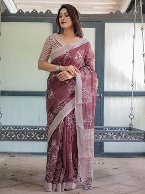 Maroon floral printed zari  linen saree 1