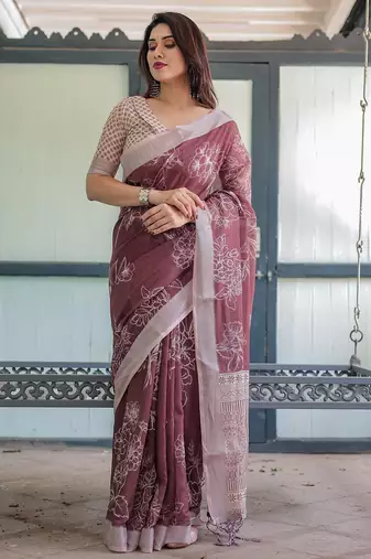 Maroon floral printed zari  linen saree