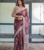 Maroon floral printed zari  linen saree