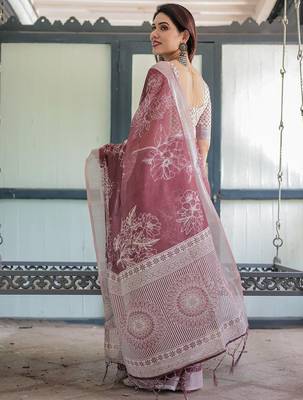 Maroon floral printed zari  linen saree 2