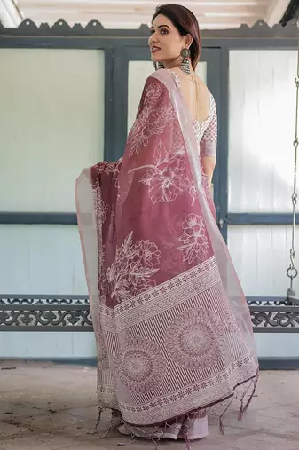 Maroon floral printed zari  linen saree
