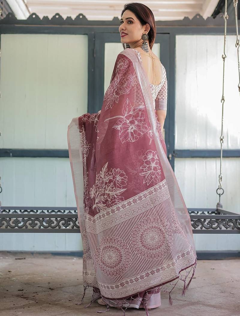 Maroon floral printed zari  linen saree