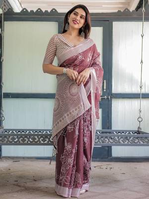 Maroon floral printed zari  linen saree 3