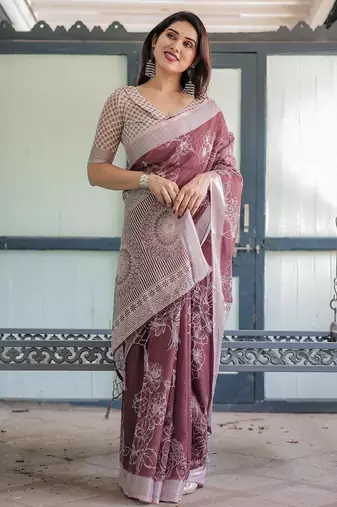 Maroon floral printed zari  linen saree