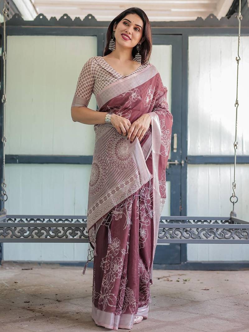 Maroon floral printed zari  linen saree