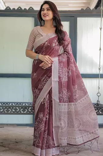 Maroon floral printed zari  linen saree