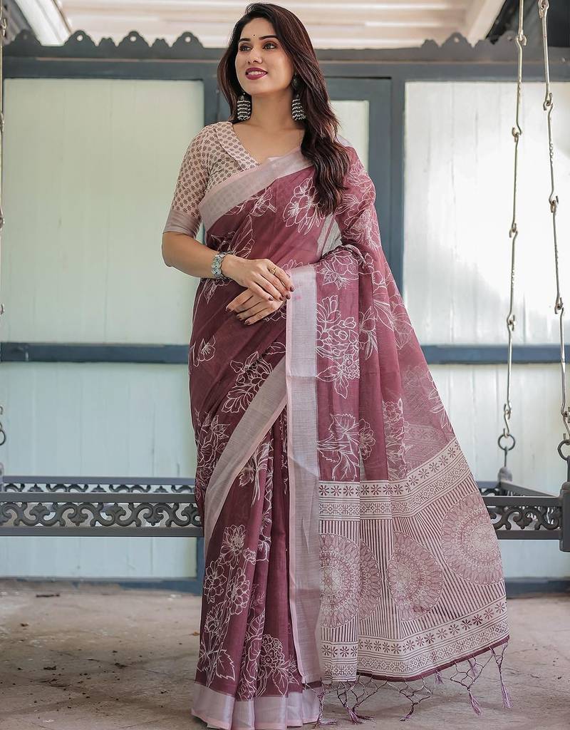 Maroon floral printed zari  linen saree
