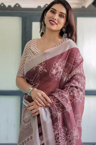 Maroon floral printed zari  linen saree