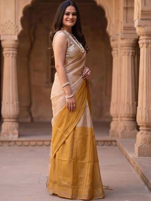 Beige tissue designer kasavu saree 3