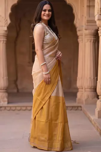 Beige tissue designer kasavu saree