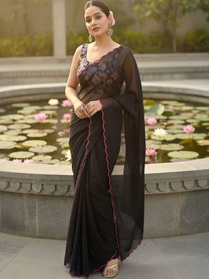 Black floral embroidered poly georgette saree 1