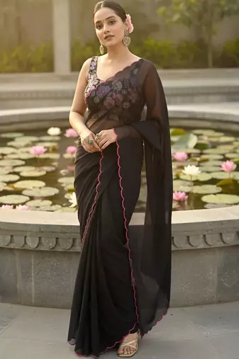 Black floral embroidered poly georgette saree