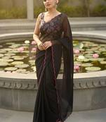 Black floral embroidered poly georgette saree