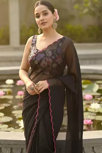 Black floral embroidered poly georgette saree