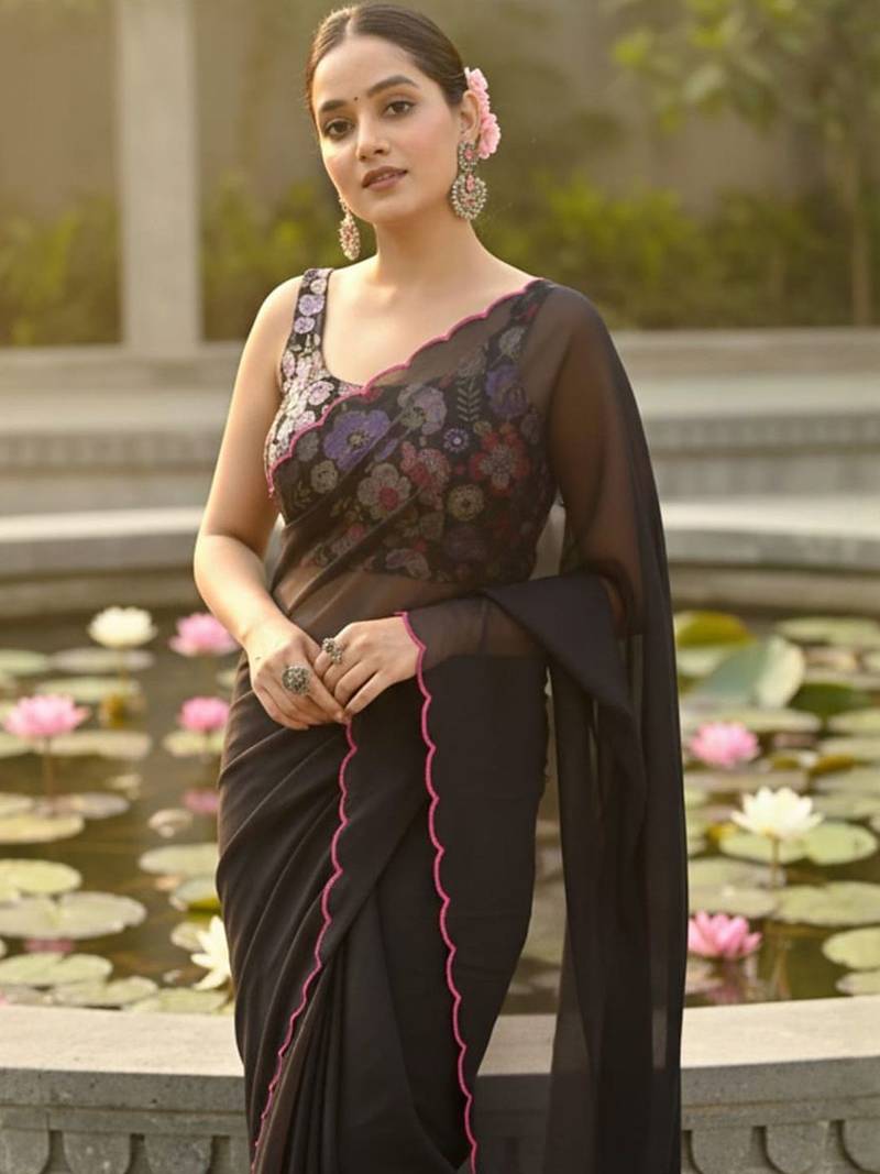 Black floral embroidered poly georgette saree