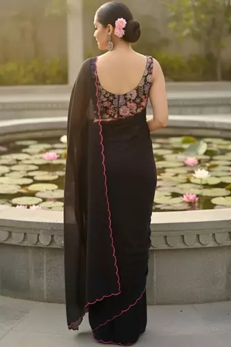 Black floral embroidered poly georgette saree