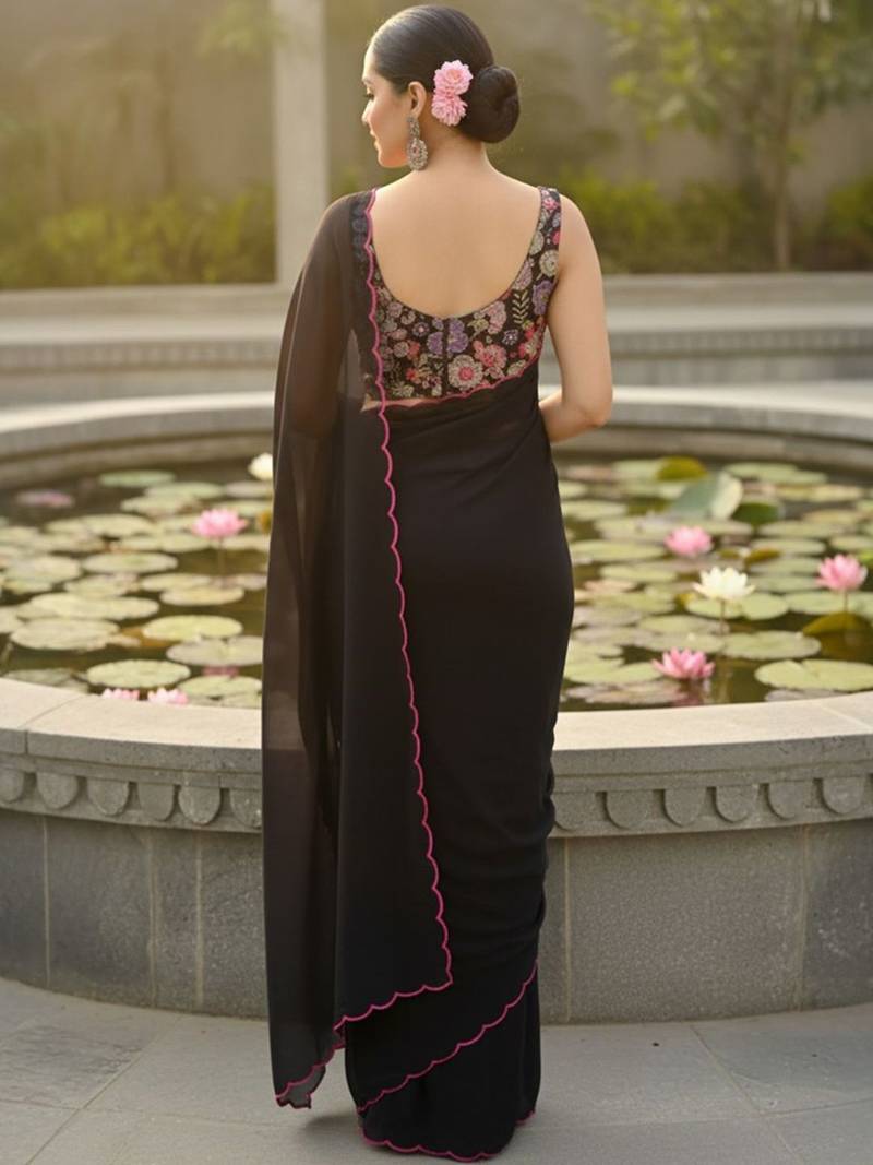 Black floral embroidered poly georgette saree