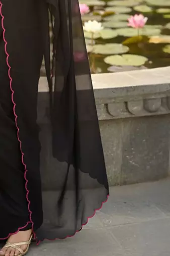 Black floral embroidered poly georgette saree