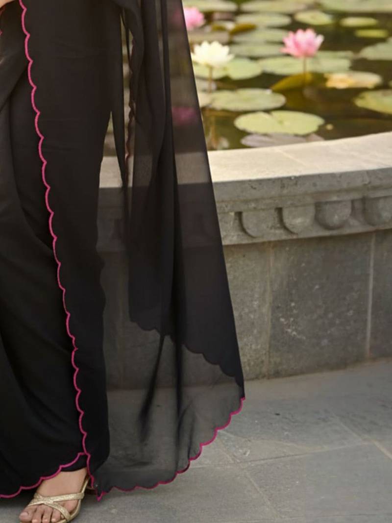 Black floral embroidered poly georgette saree