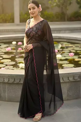 Black floral embroidered poly georgette saree