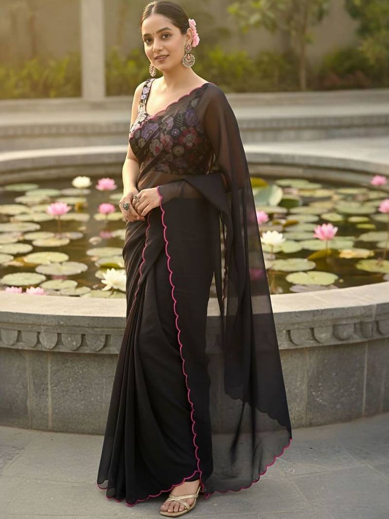Black floral embroidered poly georgette saree