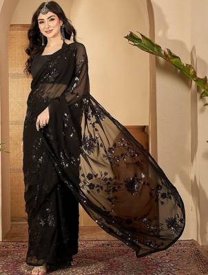 Black floral sequinned heavy work saree 1