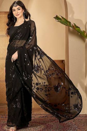 Black floral sequinned heavy work saree