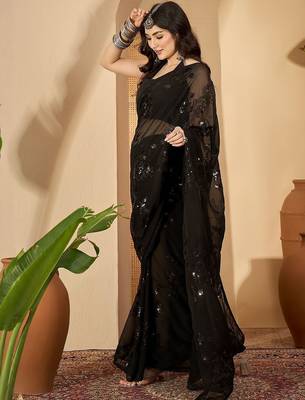 Black floral sequinned heavy work saree 2