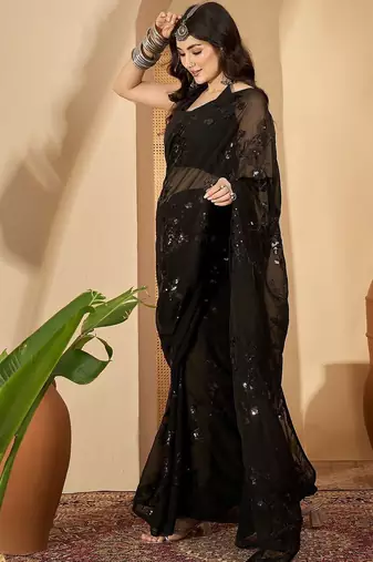 Black floral sequinned heavy work saree