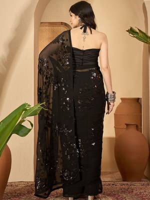Black floral sequinned heavy work saree 3