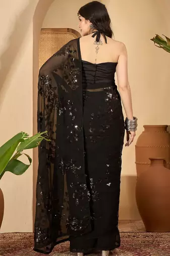 Black floral sequinned heavy work saree