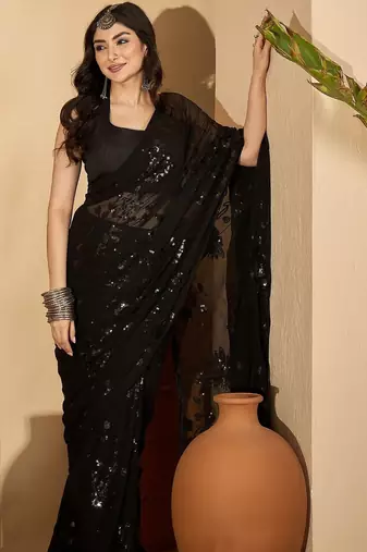 Black floral sequinned heavy work saree