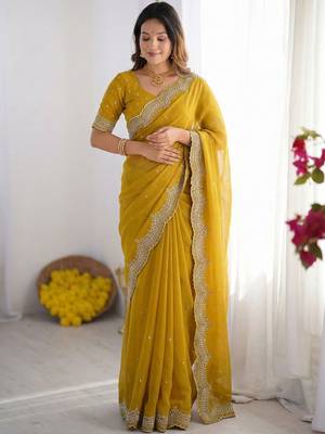 Yellow embroidered poly georgette designer saree 1