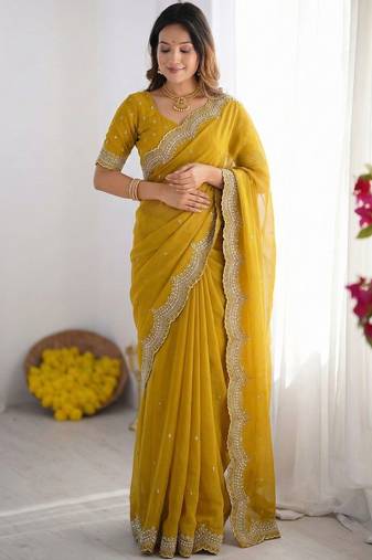 Yellow embroidered poly georgette designer saree